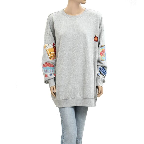By Anthropologie Embroidered Crew-Neck Sweatshirt Top Oversized Cotton S 283674 - Picture 9 of 13